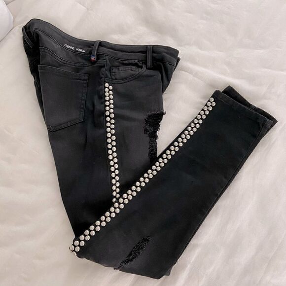 Etienne Marcel Black Distressed Studded Skinny Jeans Size 26 Punk Grunge Rock - Picture 11 of 13